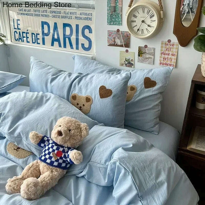 Solid Blue Bear Bedding Set Duvet Cover Queen Full Twin Size Bed Flat Sheet Kids Girls Room Decor Quilt Cover Pillowcase Kawaii - KIMLUD