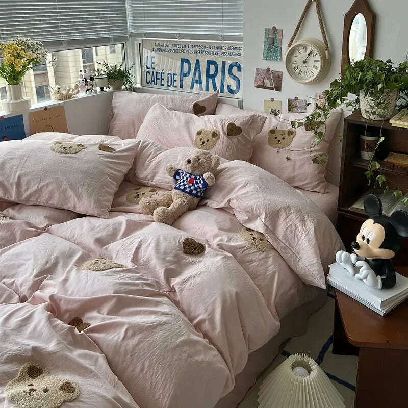 Solid Blue Bear Bedding Set Duvet Cover Queen Full Twin Size Bed Flat Sheet Kids Girls Room Decor Quilt Cover Pillowcase Kawaii - KIMLUD