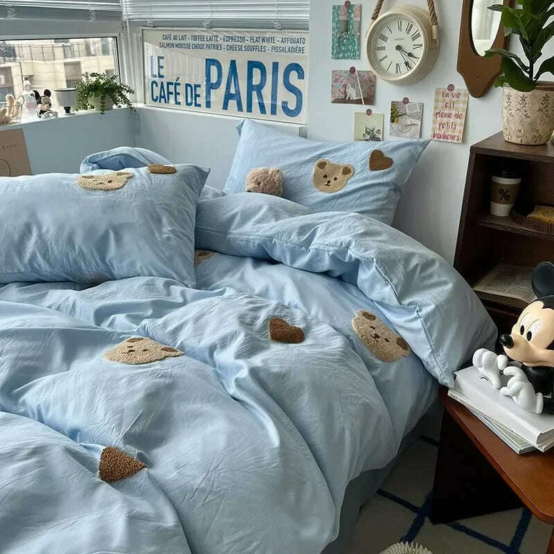 Solid Blue Bear Bedding Set Duvet Cover Queen Full Twin Size Bed Flat Sheet Kids Girls Room Decor Quilt Cover Pillowcase Kawaii - KIMLUD