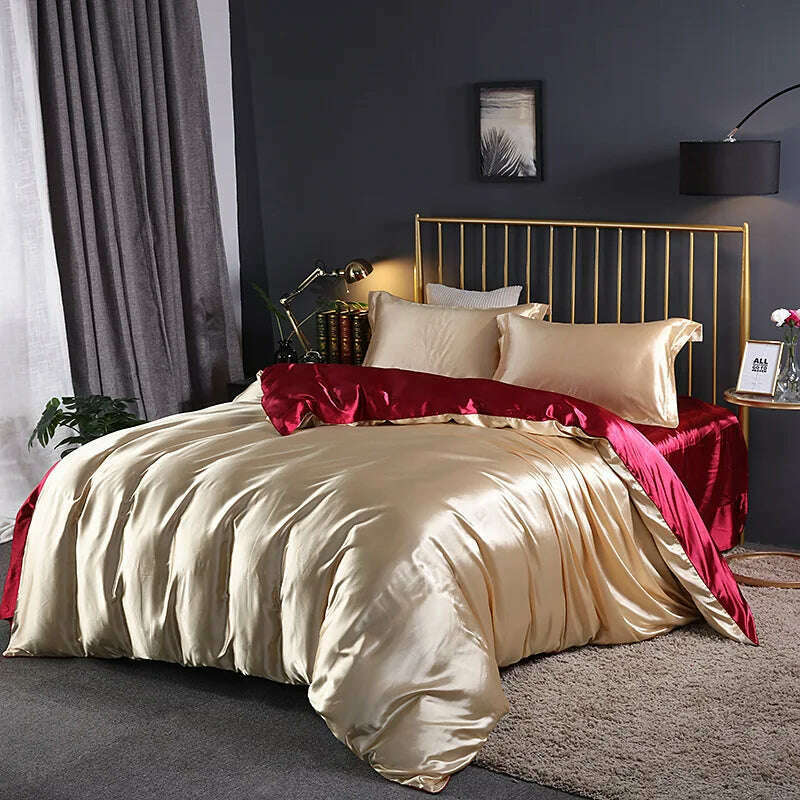 KIMLUD, Solid Color Bedding Set Luxury Soft Bed Sheet And Pillowcases Quality Quilt Cover Summer Bed Set For Home Quality Bed Cover Set, Wine red gold / 4pcs 150x200cm / China, KIMLUD APPAREL - Womens Clothes
