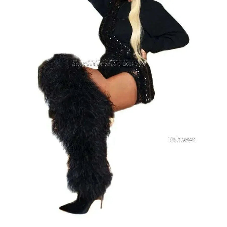 KIMLUD, Solid Color Furry Thigh High Boots Solid Color Fine Heel Pointy Toe Boots High Heels Winter Warm New Women Boots 2023 Plus Size, KIMLUD Womens Clothes