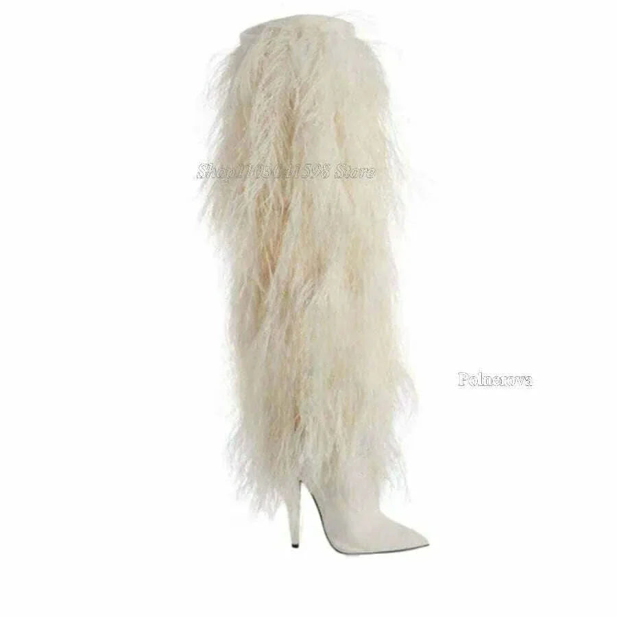 KIMLUD, Solid Color Furry Thigh High Boots Solid Color Fine Heel Pointy Toe Boots High Heels Winter Warm New Women Boots 2023 Plus Size, KIMLUD Womens Clothes