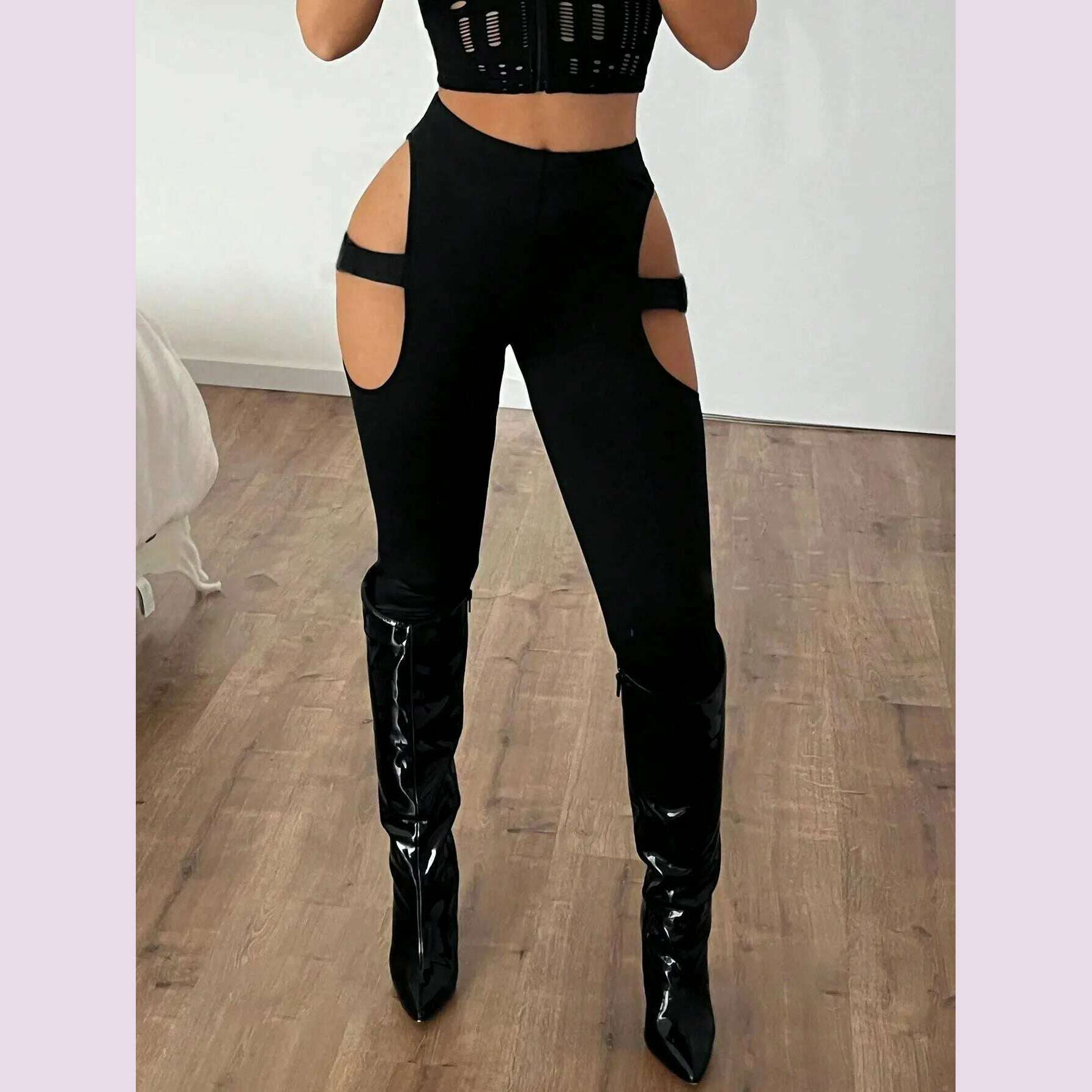 KIMLUD, Solid color high waist leggings, sexy hollow slim pants, suitable for daily life, women's clothing, KIMLUD Womens Clothes