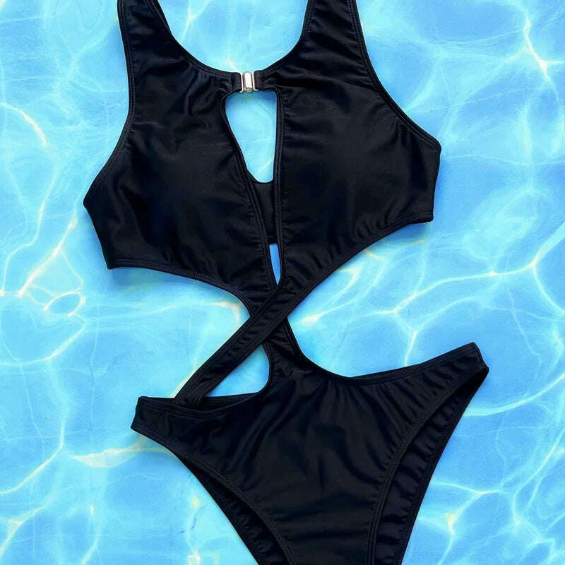 Solid Color One Piece Swimsuit for Women,2024 Sexy Cross Hollow Out Bikini,U-neck Suspender Backless Summer Beach Monokini Y29 - KIMLUD