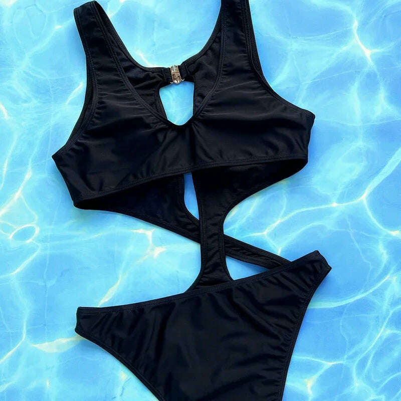 Solid Color One Piece Swimsuit for Women,2024 Sexy Cross Hollow Out Bikini,U-neck Suspender Backless Summer Beach Monokini Y29 - KIMLUD