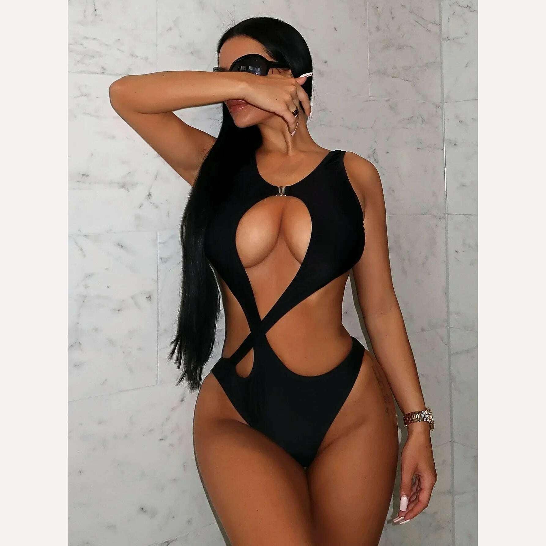 Solid Color One Piece Swimsuit for Women,2024 Sexy Cross Hollow Out Bikini,U-neck Suspender Backless Summer Beach Monokini Y29 - KIMLUD