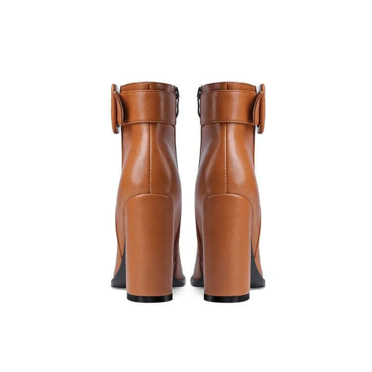 KIMLUD, Solid Color Round Toe Thick Heels Side Zipper Women Ankle Boots Square Buckle Decoration Super High Heels Office Lady Short Boot, KIMLUD Womens Clothes