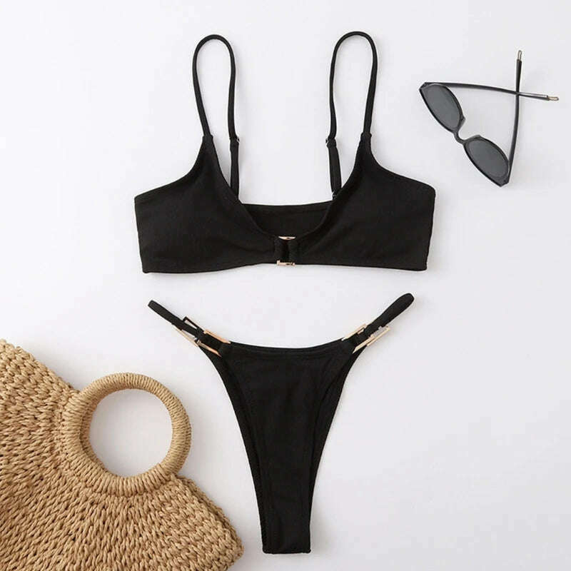 KIMLUD, Solid Color Two Pieces Bathing Suit for Women Female High Cut Thong Swimwear Ins Dropshipping, KIMLUD Womens Clothes