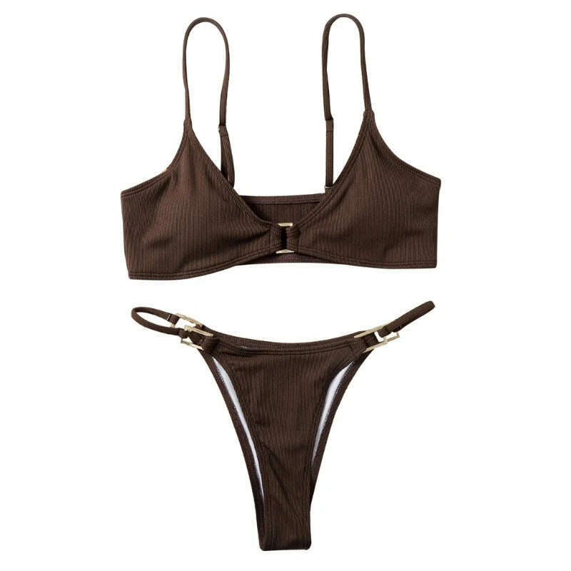KIMLUD, Solid Color Two Pieces Bathing Suit for Women Female High Cut Thong Swimwear Ins Dropshipping, brown / S, KIMLUD APPAREL - Womens Clothes