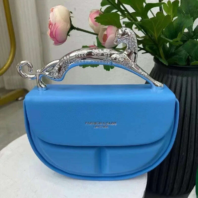 KIMLUD, Solid Color Women's Luxury Handbags Cat Metal Handle Crescent Clutch Bag Designer Shoulder Bag Leather Fashion New Messenger Bag, KIMLUD Womens Clothes