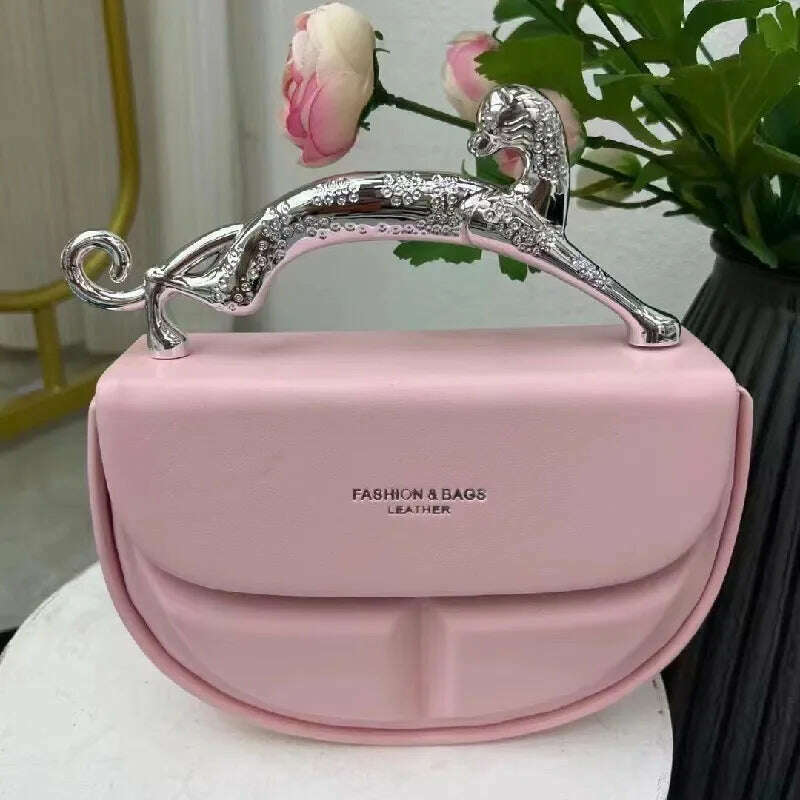 KIMLUD, Solid Color Women's Luxury Handbags Cat Metal Handle Crescent Clutch Bag Designer Shoulder Bag Leather Fashion New Messenger Bag, KIMLUD Womens Clothes
