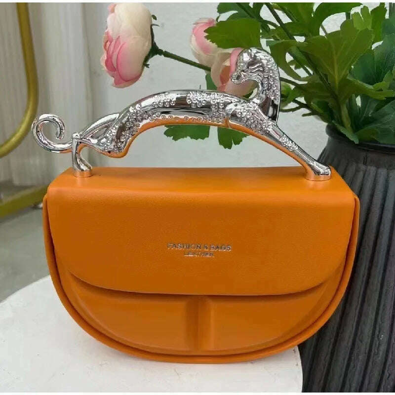 KIMLUD, Solid Color Women's Luxury Handbags Cat Metal Handle Crescent Clutch Bag Designer Shoulder Bag Leather Fashion New Messenger Bag, KIMLUD Womens Clothes