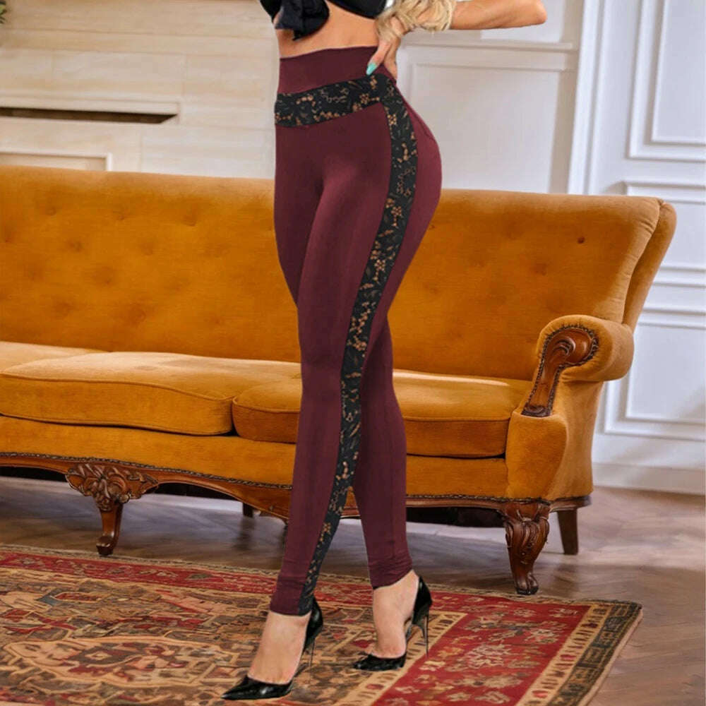 KIMLUD, Solid Lace Tights Women's Leggings 2025 Yoga Running Sports High Waist Pants Fashion Trousers Korean Slim Elastic Female Clothin, KIMLUD Womens Clothes