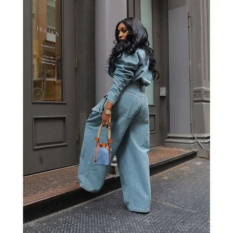 Solid Loose Casual Denim 2 Piece Set Women Autumn Stand Collar Zipper Jacket High Waist Pocket Wide Leg Pants Hipster Streetwear - KIMLUD