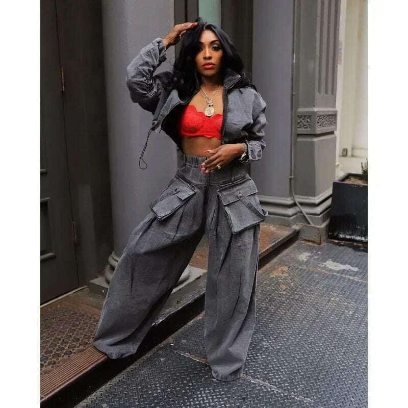 Solid Loose Casual Denim 2 Piece Set Women Autumn Stand Collar Zipper Jacket High Waist Pocket Wide Leg Pants Hipster Streetwear - KIMLUD