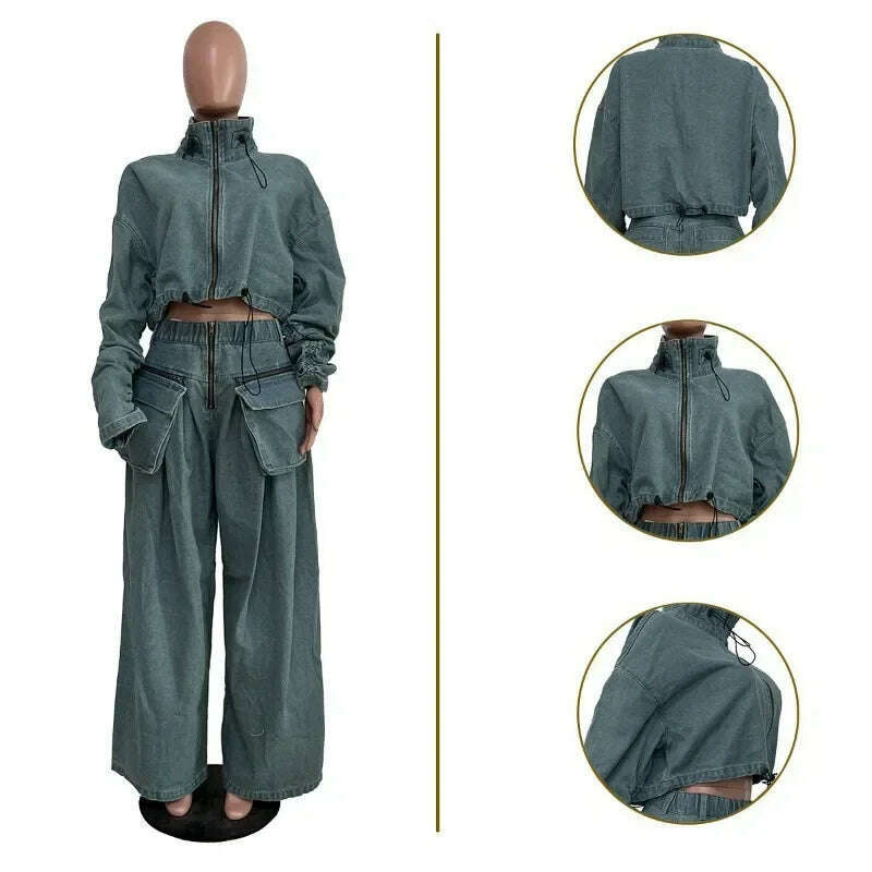 Solid Loose Casual Denim 2 Piece Set Women Autumn Stand Collar Zipper Jacket High Waist Pocket Wide Leg Pants Hipster Streetwear - KIMLUD