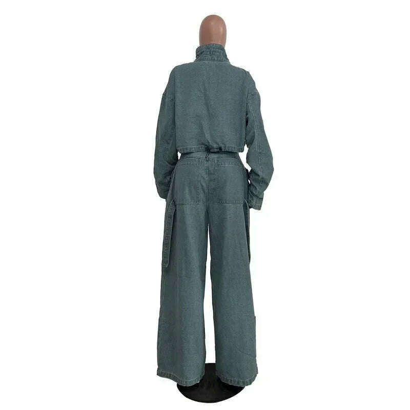 Solid Loose Casual Denim 2 Piece Set Women Autumn Stand Collar Zipper Jacket High Waist Pocket Wide Leg Pants Hipster Streetwear - KIMLUD