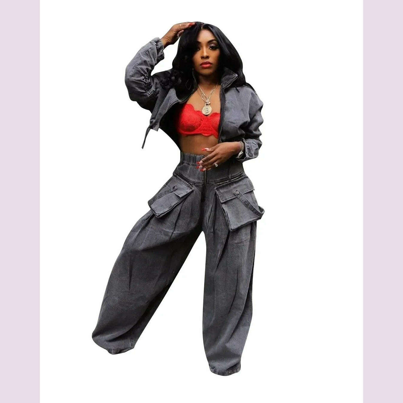 Solid Loose Casual Denim 2 Piece Set Women Autumn Stand Collar Zipper Jacket High Waist Pocket Wide Leg Pants Hipster Streetwear - KIMLUD