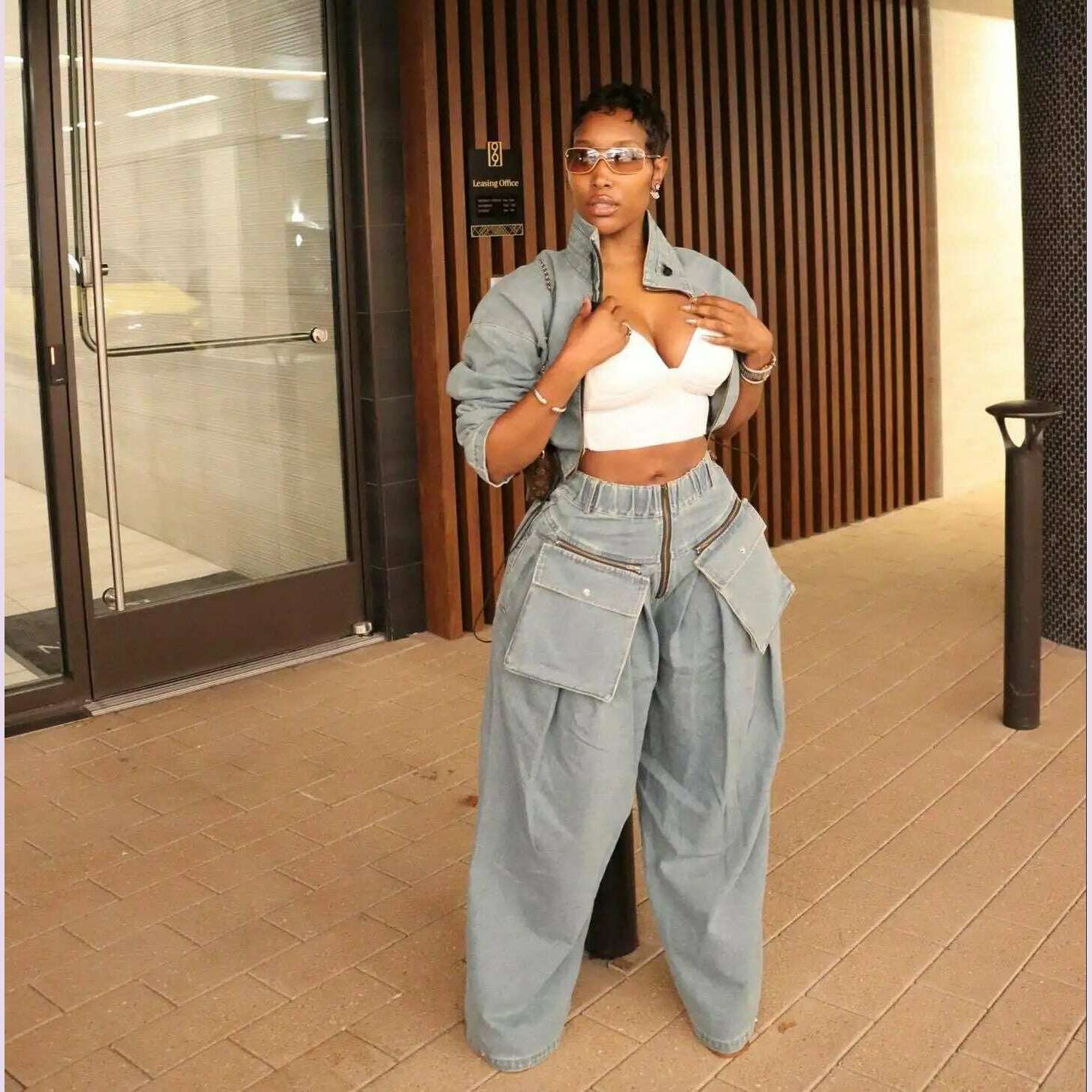 Solid Loose Casual Denim 2 Piece Set Women Autumn Stand Collar Zipper Jacket High Waist Pocket Wide Leg Pants Hipster Streetwear - KIMLUD