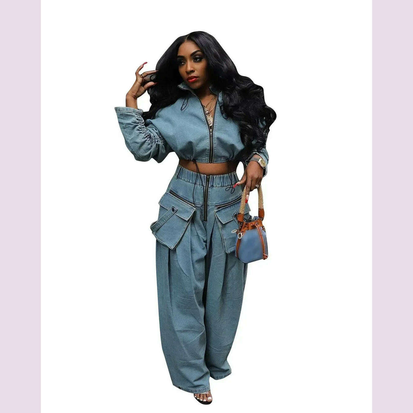 Solid Loose Casual Denim 2 Piece Set Women Autumn Stand Collar Zipper Jacket High Waist Pocket Wide Leg Pants Hipster Streetwear - KIMLUD