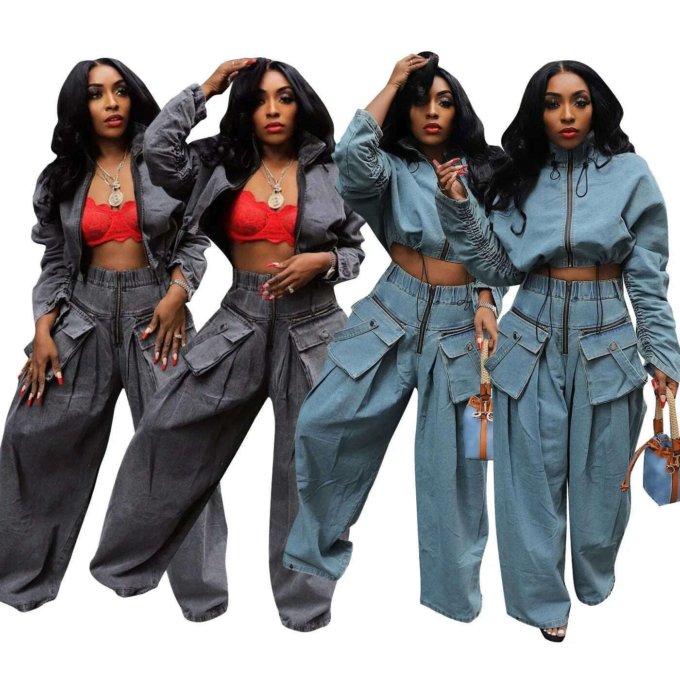 Solid Loose Casual Denim 2 Piece Set Women Autumn Stand Collar Zipper Jacket High Waist Pocket Wide Leg Pants Hipster Streetwear - KIMLUD