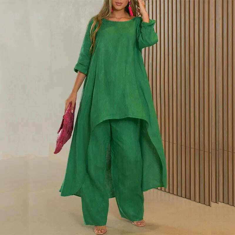 KIMLUD, Solid Loose Suits Casual Women Autumn 2 Piece Sets Fashion Long Sleeve O Neck Irregular Long Tops + Straight Pants Ladies Suit, 02 Green / S, KIMLUD Womens Clothes