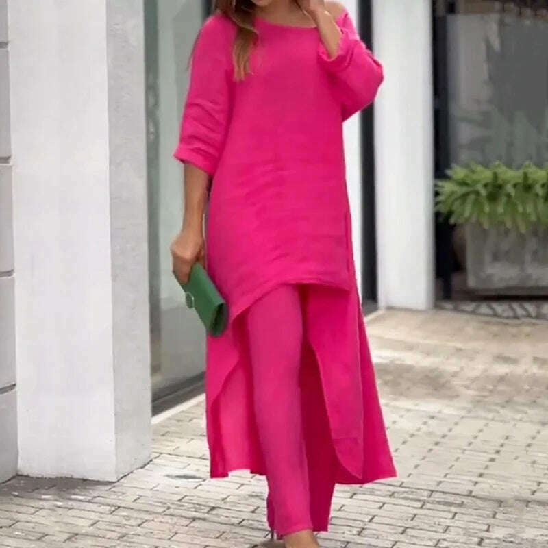 KIMLUD, Solid Loose Suits Casual Women Autumn 2 Piece Sets Fashion Long Sleeve O Neck Irregular Long Tops + Straight Pants Ladies Suit, KIMLUD Womens ClothesKIMLUD, Solid Loose Suits Casual Women Autumn 2 Piece Sets Fashion Long Sleeve O Neck Irregular Long Tops + Straight Pants Ladies Suit, 04 Pink / S, KIMLUD APPAREL - Womens Clothes