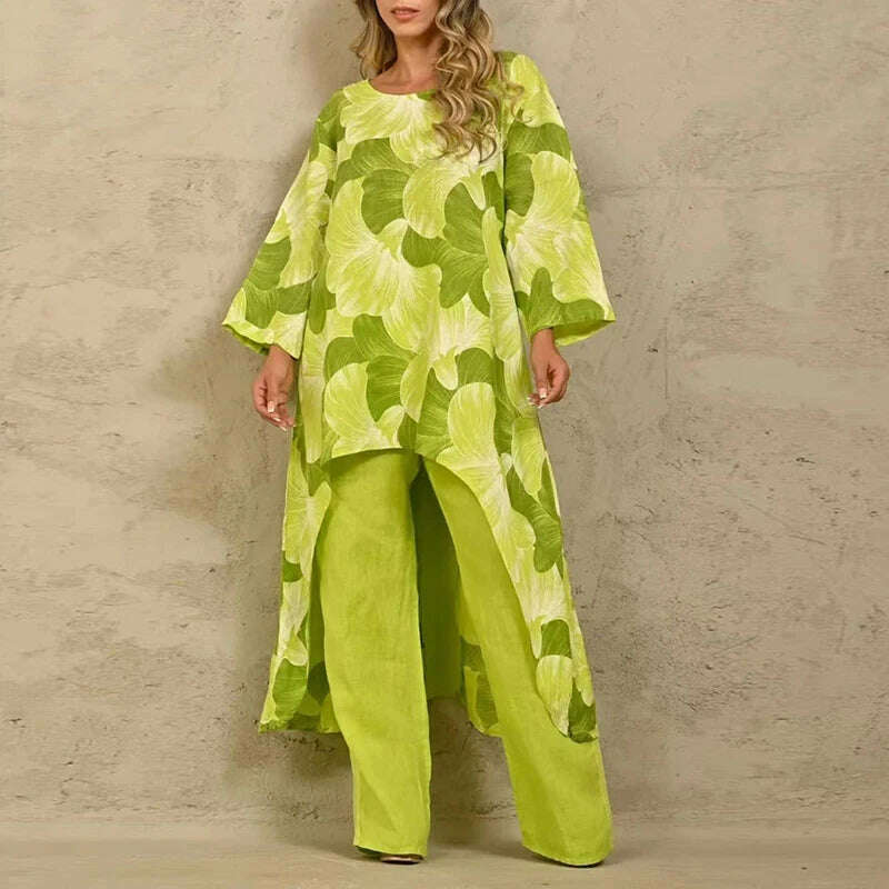 KIMLUD, Solid Loose Suits Casual Women Autumn 2 Piece Sets Fashion Long Sleeve O Neck Irregular Long Tops + Straight Pants Ladies Suit, KIMLUD Womens ClothesKIMLUD, Solid Loose Suits Casual Women Autumn 2 Piece Sets Fashion Long Sleeve O Neck Irregular Long Tops + Straight Pants Ladies Suit, 04 Green Print / S, KIMLUD APPAREL - Womens Clothes