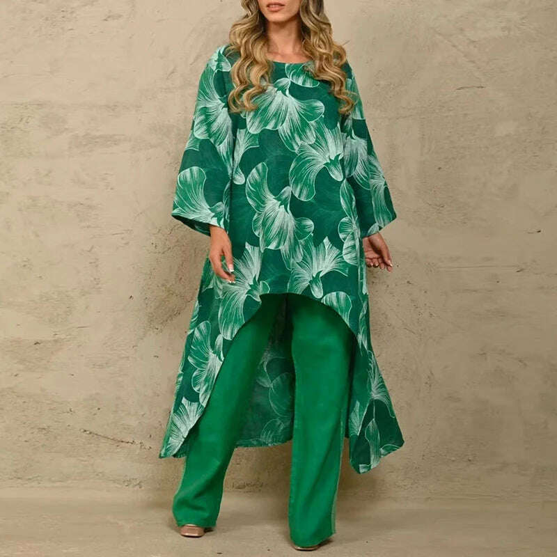 KIMLUD, Solid Loose Suits Casual Women Autumn 2 Piece Sets Fashion Long Sleeve O Neck Irregular Long Tops + Straight Pants Ladies Suit, 08 Dark Green / S, KIMLUD Womens Clothes