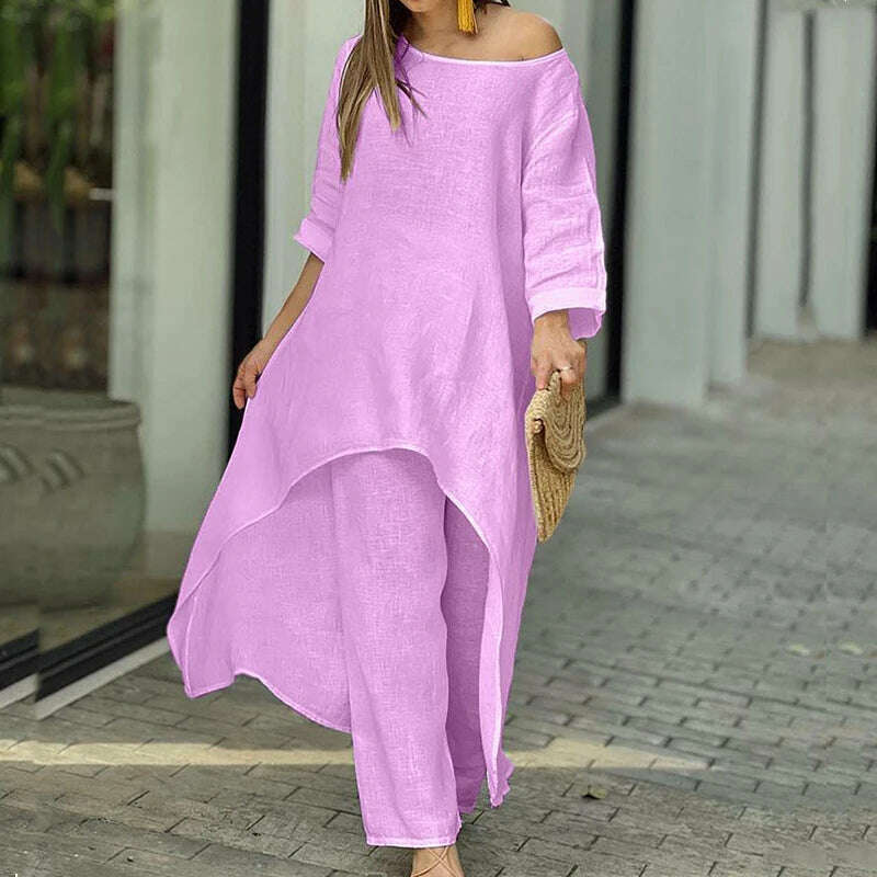 KIMLUD, Solid Loose Suits Casual Women Autumn 2 Piece Sets Fashion Long Sleeve O Neck Irregular Long Tops + Straight Pants Ladies Suit, KIMLUD Womens ClothesKIMLUD, Solid Loose Suits Casual Women Autumn 2 Piece Sets Fashion Long Sleeve O Neck Irregular Long Tops + Straight Pants Ladies Suit, 03 Purple / S, KIMLUD APPAREL - Womens Clothes