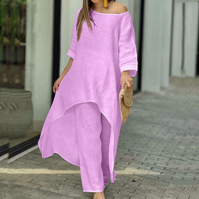 KIMLUD, Solid Loose Suits Casual Women Autumn 2 Piece Sets Fashion Long Sleeve O Neck Irregular Long Tops + Straight Pants Ladies Suit, 03 Purple / S, KIMLUD Womens Clothes
