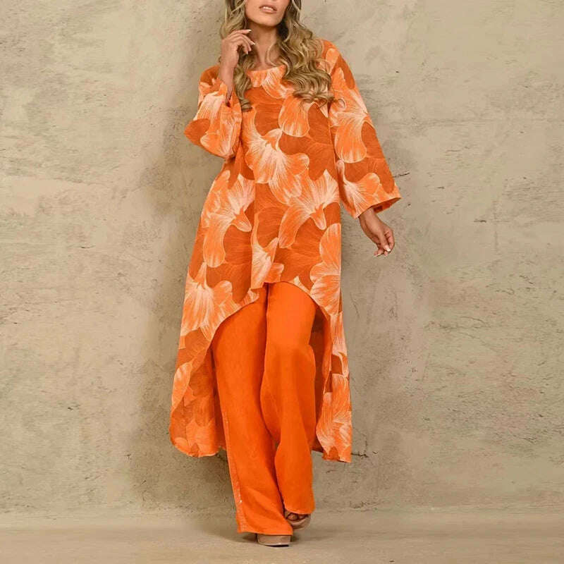 KIMLUD, Solid Loose Suits Casual Women Autumn 2 Piece Sets Fashion Long Sleeve O Neck Irregular Long Tops + Straight Pants Ladies Suit, KIMLUD Womens ClothesKIMLUD, Solid Loose Suits Casual Women Autumn 2 Piece Sets Fashion Long Sleeve O Neck Irregular Long Tops + Straight Pants Ladies Suit, 01 Orange Print / S, KIMLUD APPAREL - Womens Clothes