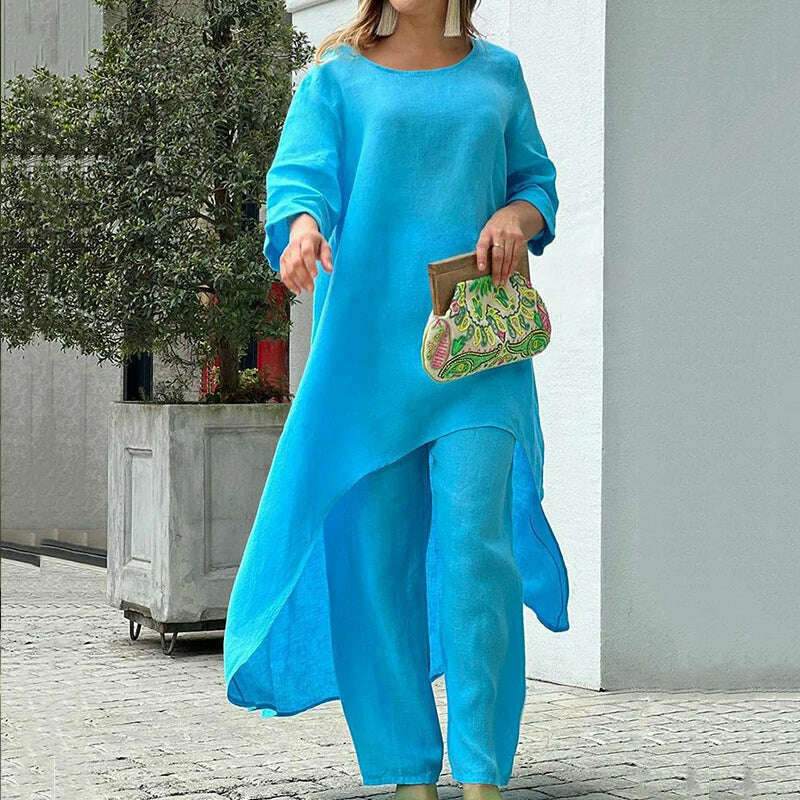 KIMLUD, Solid Loose Suits Casual Women Autumn 2 Piece Sets Fashion Long Sleeve O Neck Irregular Long Tops + Straight Pants Ladies Suit, 01 Blue / S, KIMLUD Womens Clothes