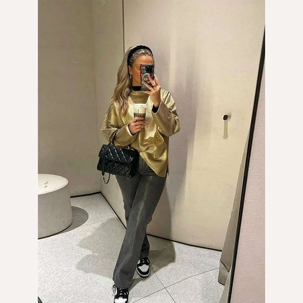 KIMLUD, Solid O Neck Pullover Top For Women Elegant Loose Long Sleeve Gold Sweatshirt 2023 Autumn Female Fashion Casual Shinny Outerwear, KIMLUD Womens Clothes