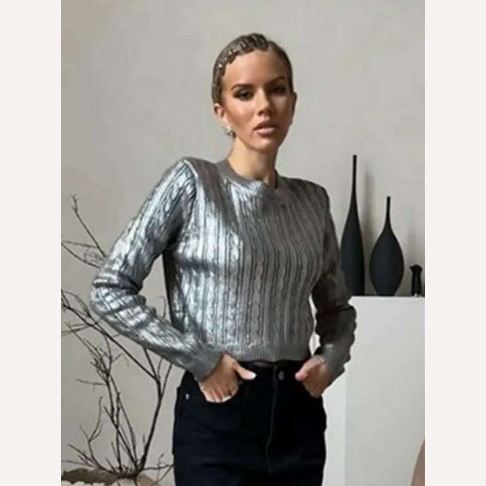 KIMLUD, Solid O Neck Pullover Top For Women Elegant Loose Long Sleeve Gold Sweatshirt 2023 Autumn Female Fashion Casual Shinny Outerwear, KIMLUD Womens Clothes