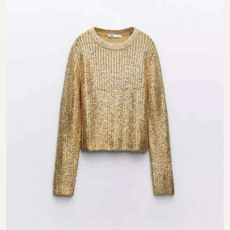 KIMLUD, Solid O Neck Pullover Top For Women Elegant Loose Long Sleeve Gold Sweatshirt 2023 Autumn Female Fashion Casual Shinny Outerwear, Gold 2 / S, KIMLUD APPAREL - Womens Clothes