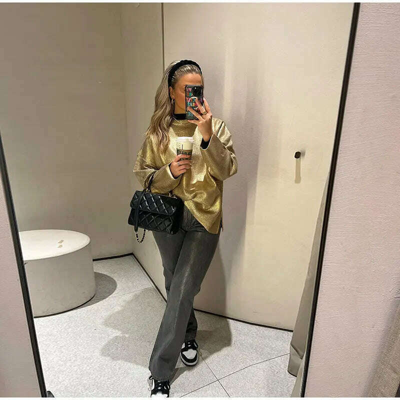 KIMLUD, Solid O Neck Pullover Top For Women Elegant Loose Long Sleeve Gold Sweatshirt 2023 Autumn Female Fashion Casual Shinny Outerwear, KIMLUD Womens Clothes