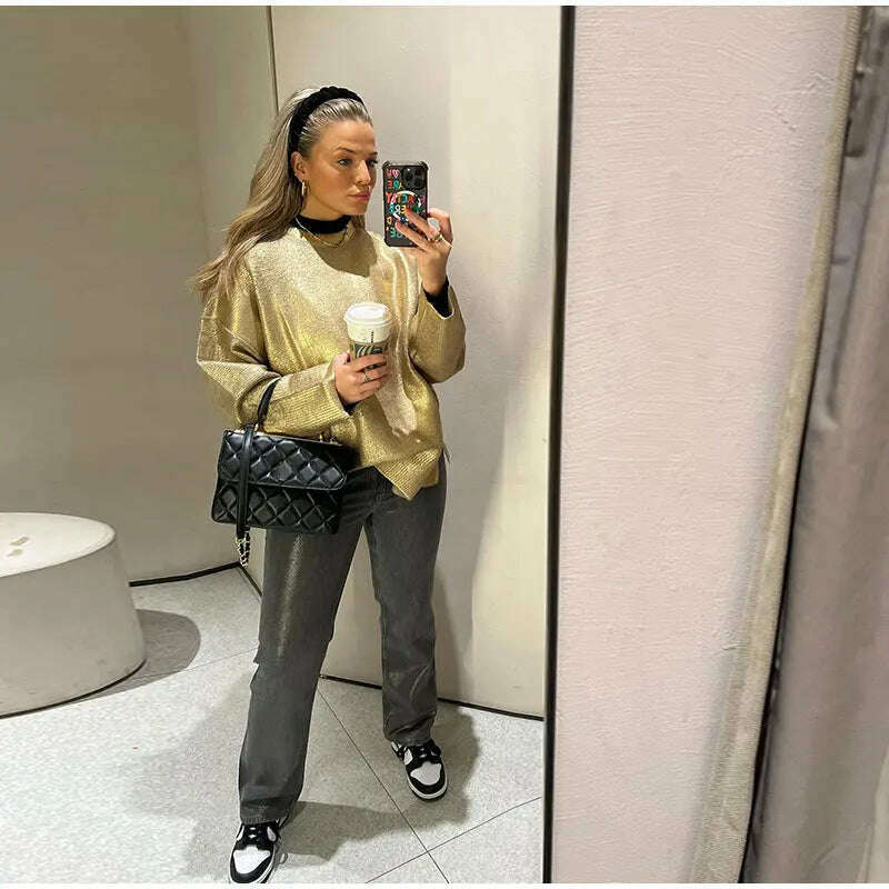 KIMLUD, Solid O Neck Pullover Top For Women Elegant Loose Long Sleeve Gold Sweatshirt 2023 Autumn Female Fashion Casual Shinny Outerwear, KIMLUD Womens Clothes