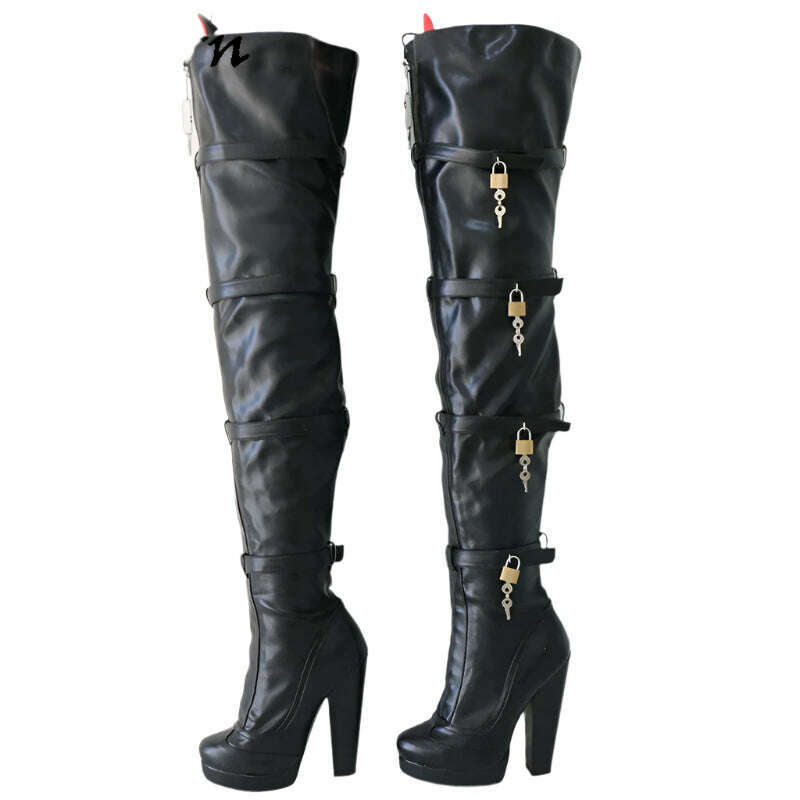 Sorbern 8 Locks Block Heel Boots Women Unisex Style Crotch Thigh High Boot Drag Queen Shoes Fetish Custom Multi Colors - KIMLUD