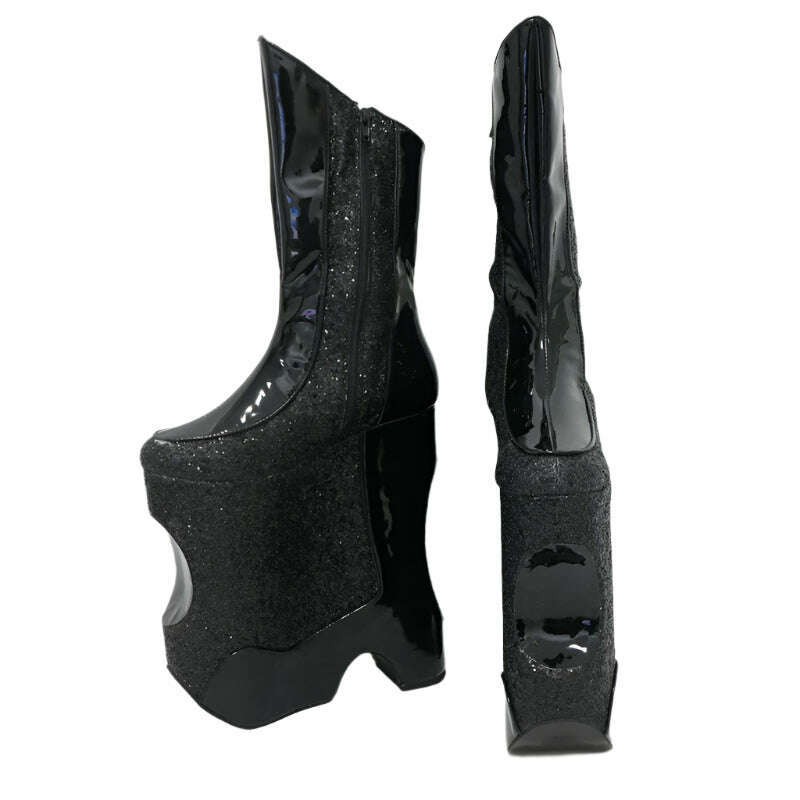 KIMLUD, Sorbern Black Cross Dresser Low Calf High Boots Women Wedges High Heels Platform Drag Queen Booties Special Wedges Custom Color, KIMLUD Womens Clothes