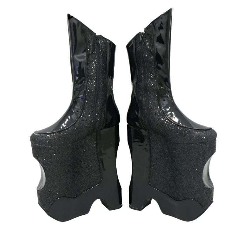 KIMLUD, Sorbern Black Cross Dresser Low Calf High Boots Women Wedges High Heels Platform Drag Queen Booties Special Wedges Custom Color, KIMLUD Womens Clothes
