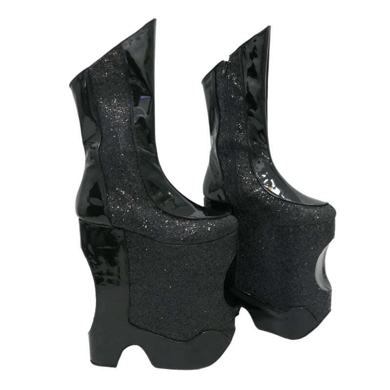 KIMLUD, Sorbern Black Cross Dresser Low Calf High Boots Women Wedges High Heels Platform Drag Queen Booties Special Wedges Custom Color, KIMLUD Womens Clothes