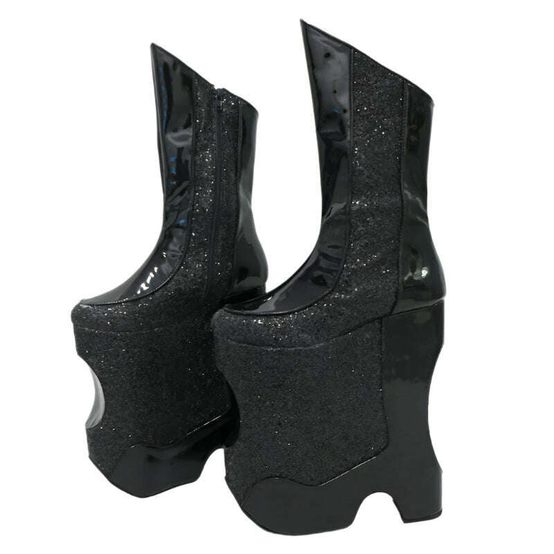 KIMLUD, Sorbern Black Cross Dresser Low Calf High Boots Women Wedges High Heels Platform Drag Queen Booties Special Wedges Custom Color, black / 14, KIMLUD APPAREL - Womens Clothes