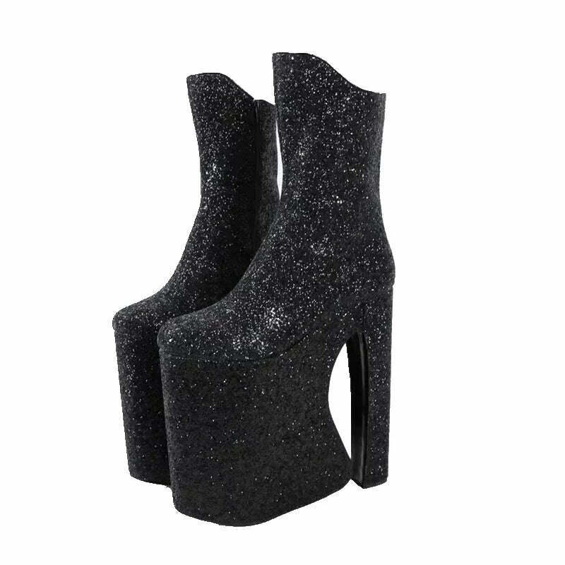 KIMLUD, Sorbern Black Glitter Block Heel Boots Mid Calf Long Front Dragqueen Style Boot Custotm 15Cm To 30Cm High Heel Plus Size Shoes, Black / 34, KIMLUD Womens Clothes