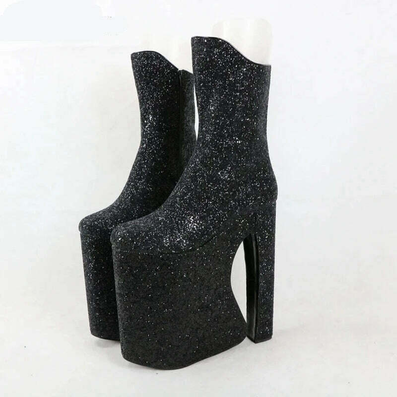 KIMLUD, Sorbern Black Glitter Block Heel Boots Mid Calf Long Front Dragqueen Style Boot Custotm 15Cm To 30Cm High Heel Plus Size Shoes, KIMLUD Womens Clothes