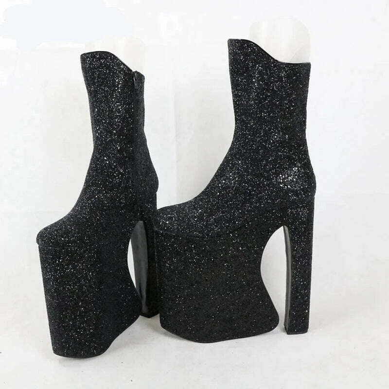 KIMLUD, Sorbern Black Glitter Block Heel Boots Mid Calf Long Front Dragqueen Style Boot Custotm 15Cm To 30Cm High Heel Plus Size Shoes, KIMLUD Womens Clothes