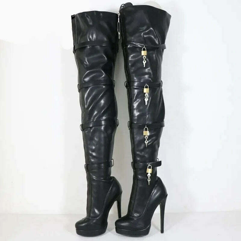 KIMLUD, Sorbern Fashion Crotch Thigh Boots Women Multi Straps With 8 Locks High Heel Visible Platform Lockable Zipper Front Custom Legs, KIMLUD Women's Clothes