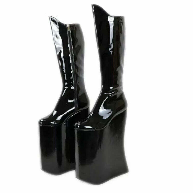 KIMLUD, Sorbern Knee Drag Queen Style Boot Patent Black Leather Punitive Wedges High Heel Shoes 15Cm To 40Cm Crossdreser Boots Custom, KIMLUD Women's Clothes