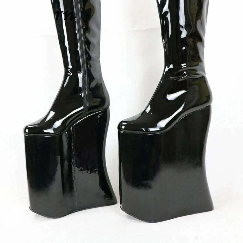 KIMLUD, Sorbern Knee Drag Queen Style Boot Patent Black Leather Punitive Wedges High Heel Shoes 15Cm To 40Cm Crossdreser Boots Custom, KIMLUD Womens Clothes