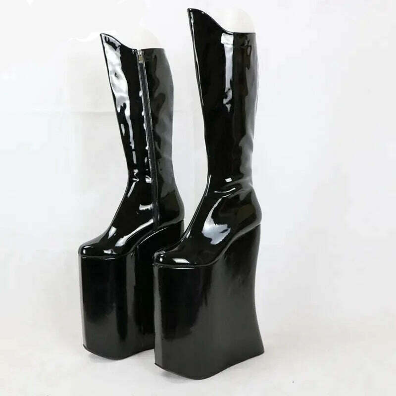 KIMLUD, Sorbern Knee Drag Queen Style Boot Patent Black Leather Punitive Wedges High Heel Shoes 15Cm To 40Cm Crossdreser Boots Custom, Black / 34, KIMLUD APPAREL - Womens Clothes